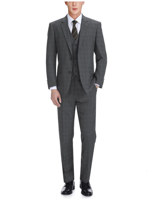 Verno Men's Classic Fit Notch Lapel Windowpane Three Piece Suit
