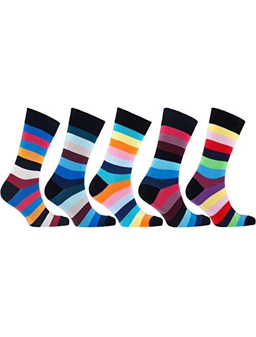 Socks n Socks - Men's 5-pairs Luxury Cotton Cool Funky Colorful Fashion Designer Fun Striped Dress Socks with Gift Box