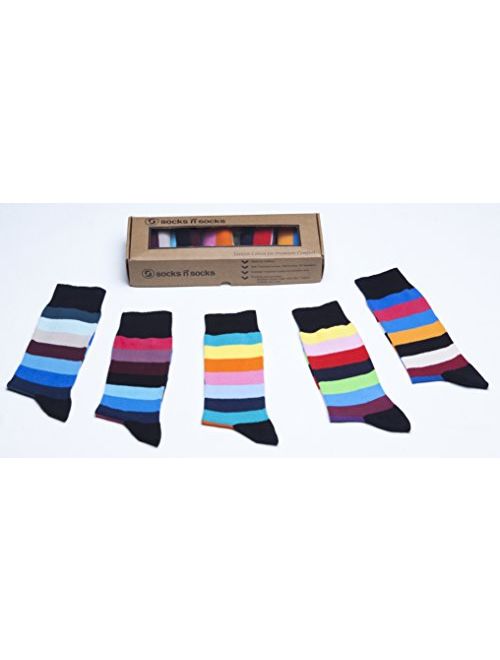 Socks n Socks - Men's 5-pairs Luxury Cotton Cool Funky Colorful Fashion Designer Fun Striped Dress Socks with Gift Box