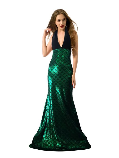 Jescakoo Women Sleeveless Halter V-Neck Shinny Mermaid Maxi Dress S-XL