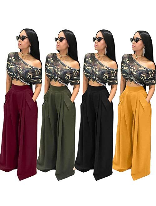 NRTHYE Womens Palazzo Long Pants High Waist Wide Leg Stretchy Loose Fit Casual Trousers with Pocket