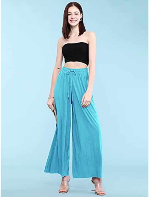 Lock and Love Womens Ankle/Maxi Pleated Wide Leg Palazzo Pants with Drawstring/Elastic Band 