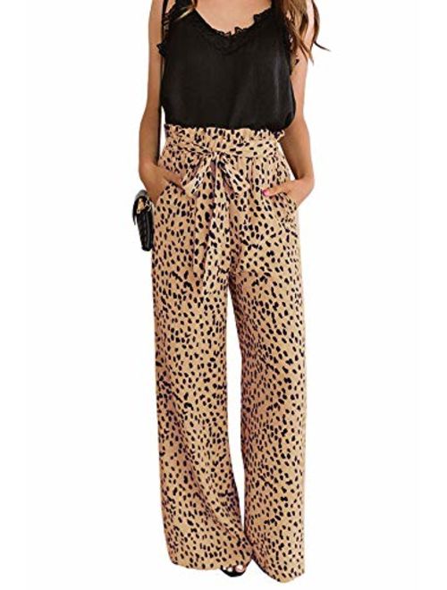 Uncinba Womens High Waist Leopard Print Palazzo Pants Tie Knot Wide Leg Paper Bag Trousers with Pockets