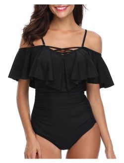 Holipick Sexy One Piece Swimsuits for Women Tummy Control Off Shoulder Flounce Ruffle Bathing Suit