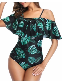 Holipick Sexy One Piece Swimsuits for Women Tummy Control Off Shoulder Flounce Ruffle Bathing Suit