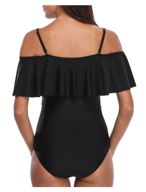 Holipick Sexy One Piece Swimsuits for Women Tummy Control Off Shoulder Flounce Ruffle Bathing Suit