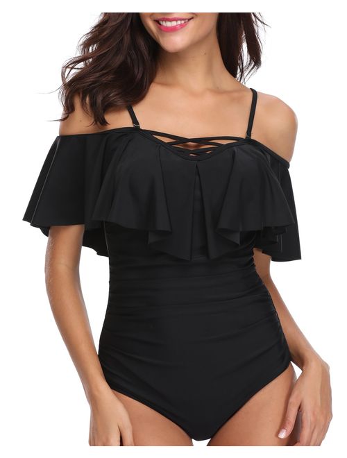 Holipick Sexy One Piece Swimsuits for Women Tummy Control Off Shoulder Flounce Ruffle Bathing Suit