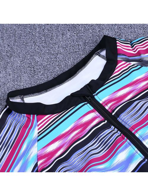 XAKALAKA Women's Plus Size Zip-Front Multicolor Striped Long Sleeve Tankini Rashguard Top S-XXXL