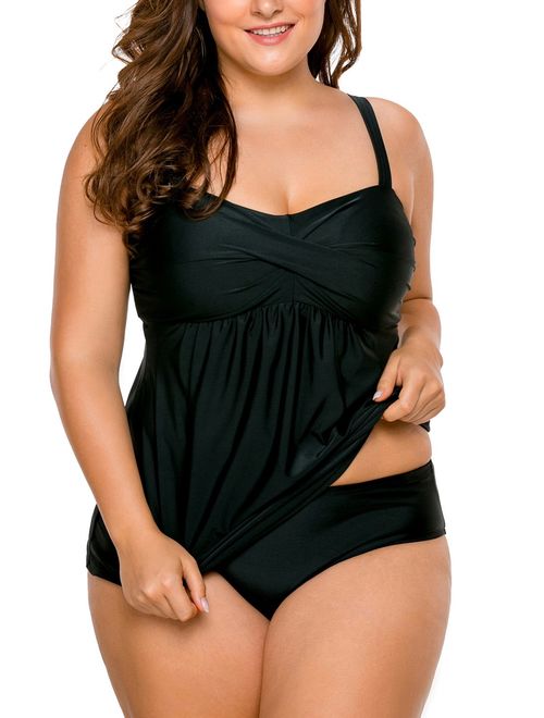 LALAGEN Women's Straps Swimdress Plus Size Two Pieces Tankini Bikini Set