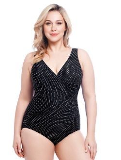 Women's Swimwear Plus Size Pin Point Oceanus Soft Cup Tummy Control One Piece Swimsuit