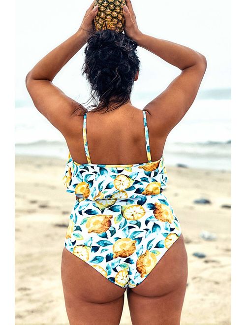 CUPSHE Women's Plus Size Bikini Set Leaf Lemon Printed Ruffles Swimsuit