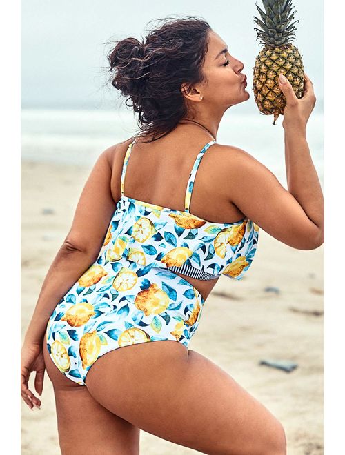 CUPSHE Women's Plus Size Bikini Set Leaf Lemon Printed Ruffles Swimsuit