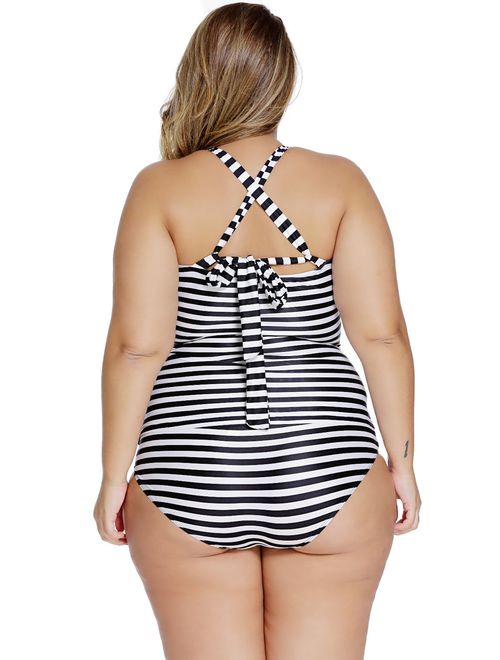 Two Piece Plus Size Swimsuit Women Black and White Striped Tankini Girls Bathing Suit Halter Swimwear