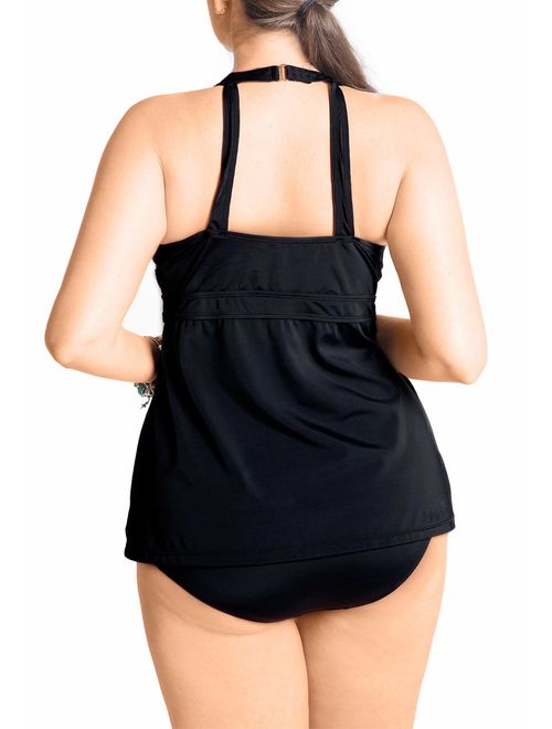 KEEPRONE Womens Plus Size Swim Tops, Round Halter Show Cleavage Tankini Swimsuit