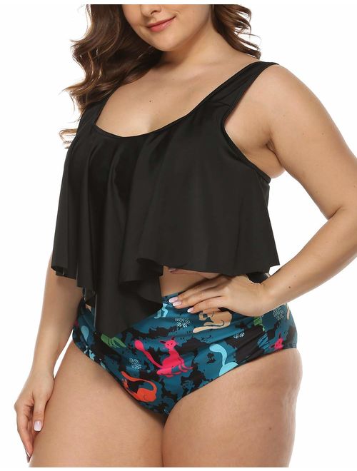 Hilor Women's High Waisted Bikini Plus Size Swimwear Crop Flounce Two Piece Bathing Suits