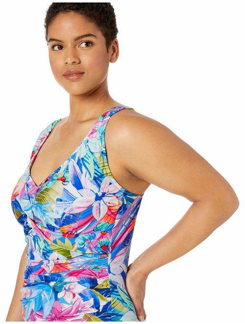 Maxine Of Hollywood Women's Plus-Size V-Neck Shirred Twist Front One Piece Swimsuit