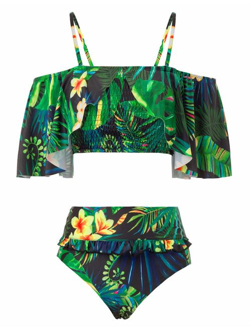 JASAMBAC Women's Off Shoulder Printed Ruffle High Waisted Swimsuit Bikini Set