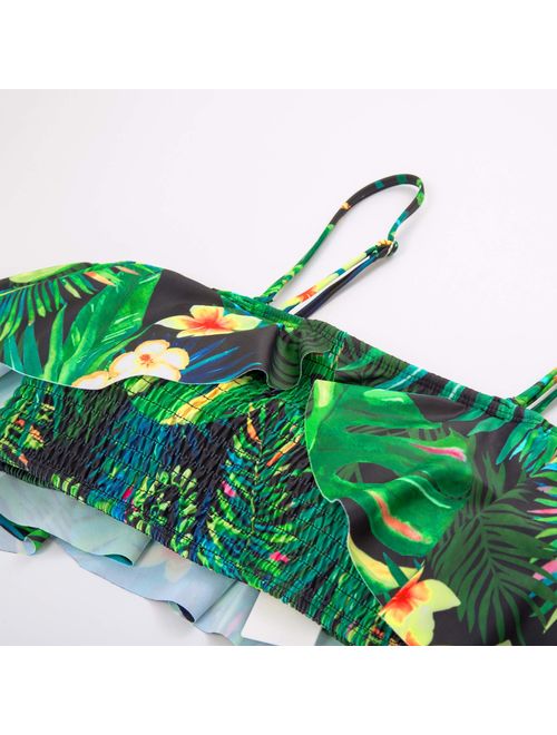 JASAMBAC Women's Off Shoulder Printed Ruffle High Waisted Swimsuit Bikini Set