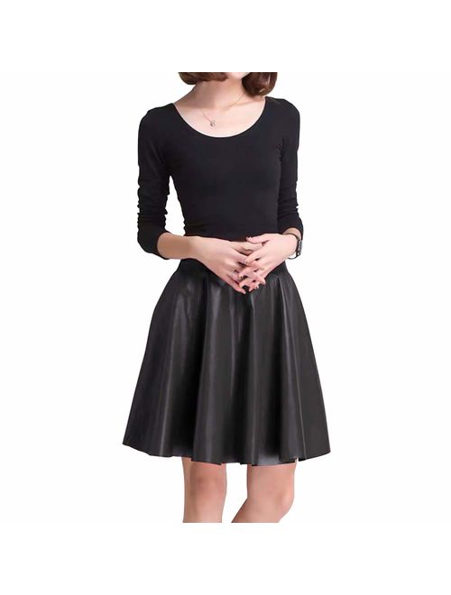 Fahsyee Women's Leather Skirt, Mini A-line Bodycon Vegan Plus Size Faux High Waist Casual PU Stretchy