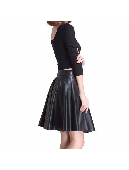 Fahsyee Women's Leather Skirt, Mini A-line Bodycon Vegan Plus Size Faux High Waist Casual PU Stretchy