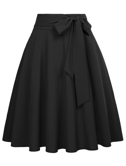 Belle Poque Women's Pleated Midi Skirts High Waist A-line Pockets Skirt
