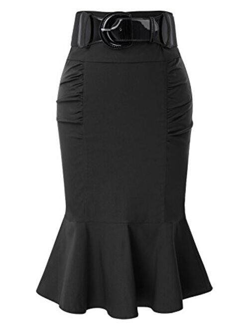 Belle Poque Womens Vintage Fishtail Skirt Sexy Bodycon Pencil Skirt with Belt