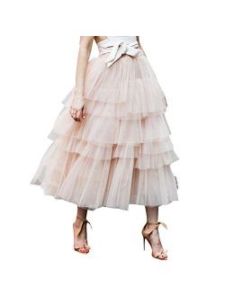 Chicwish Women's Nude Pink/Black Tiered Layered Mesh Ballet Prom Party Tulle Tutu A-line Midi Skirt