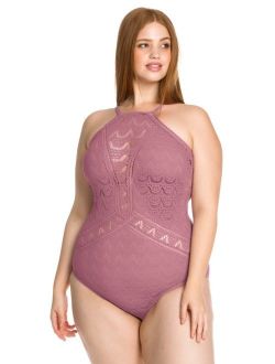 BECCA ETC Women's Plus Size Color Play High Neck One Piece Swimsuit