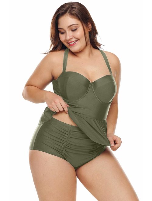 FASFF Plus Size Swimwear Molded Cup Pleat Detail High Waist Bikini Swimsuit for Women