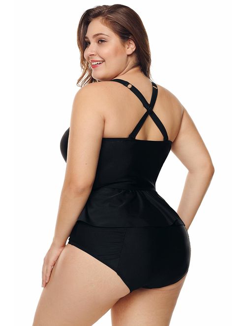 FASFF Plus Size Swimwear Molded Cup Pleat Detail High Waist Bikini Swimsuit for Women