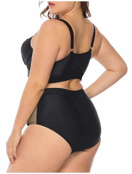 JOYMODE Women's Plus Size Bikini Set Floral Print High Waisted Swimsuit Tummy Control 2 Pieces Bathing Suit
