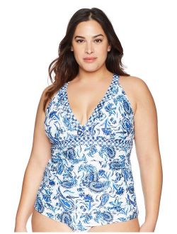 Amazon Brand - Coastal Blue Women's Plus Size Swimwear V Neck Empire Waist Shirred Tankini Top