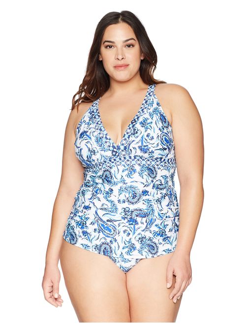 Amazon Brand - Coastal Blue Women's Plus Size Swimwear V Neck Empire Waist Shirred Tankini Top
