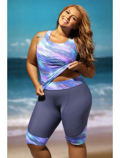 JooMeryer Women's Zigzag Print Plus Size Two Piece Tankini Swimsuits Swimwear,Blue & Grey,4XL