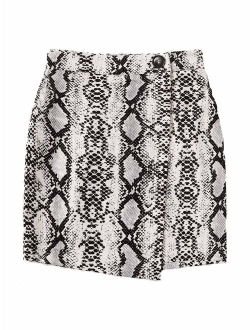 Women's Snakeskin Print Asymmetrical Hem Bodycon Mini Skirt