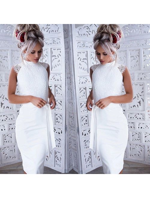 Meihuida UK Womens White Lace-up Bodycon Floral Lace Evening Cocktail Party Pencil Dress