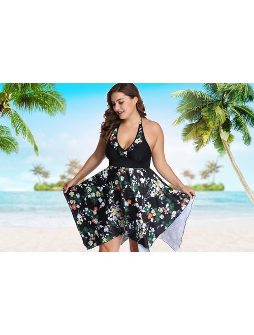Women's Plus Size Swimwear Floral Printed Swimsuit Halter Swimdress Tankini Two Pieces 2XL-6XL Bathing Suit
