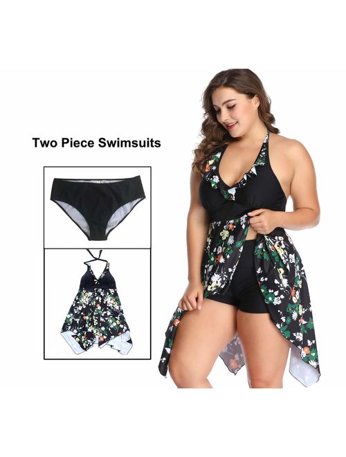 Women's Plus Size Swimwear Floral Printed Swimsuit Halter Swimdress Tankini Two Pieces 2XL-6XL Bathing Suit
