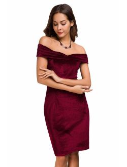 Womens Vintage Off Shoulder Shawl Velvet Bodycon Dresses Sexy Midi Slim Fit Dress for Party Cocktail Formal Evening Wedding