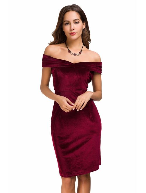 Womens Vintage Off Shoulder Shawl Velvet Bodycon Dresses Sexy Midi Slim Fit Dress for Party Cocktail Formal Evening Wedding