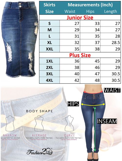 Womens Junior Plus Size Juniors below Knee Length Midi Pencil Ripped Denim Skirt