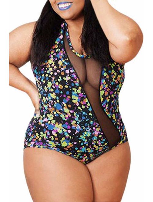 EVALESS Women Floral Print One-Piece Monokini Swimwear Beachwear Plus Size Swimsuit