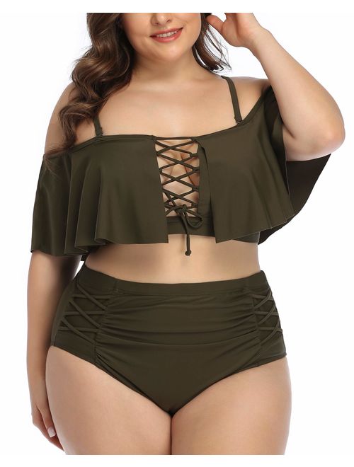 Daci Women Plus Size Swimwear High Waisted Ruffled Flounce Bikini Lace Up Tummy Control Swimsuit