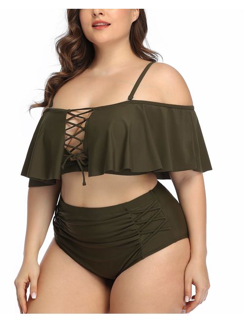 Daci Women Plus Size Swimwear High Waisted Ruffled Flounce Bikini Lace Up Tummy Control Swimsuit