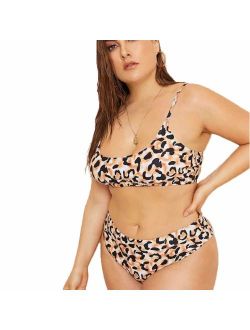 Poliphili Women's Plus Size Two Piece Leopard Print High Waist Bikini Swimwear