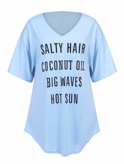 IN'VOLAND Women Plus Size Swimwear Baggy T-Shirts V Neck Letters Print Swimwear Bikini Beach Cover up