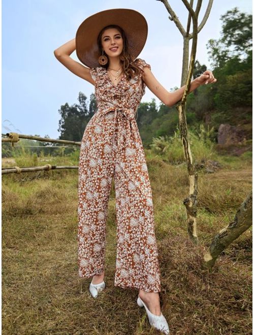 Floral Print Exaggerated Ruffle Belted Jumpsuit