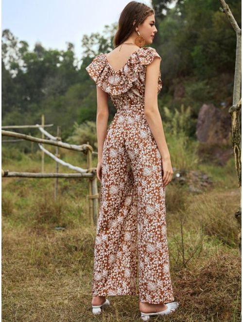 Floral Print Exaggerated Ruffle Belted Jumpsuit