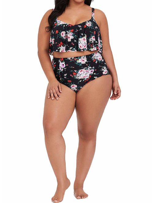 Womens Plus Size High Waisted Swimsuit Floral Bikini Ruffle Flounce Two Piece Swimwear Monokini