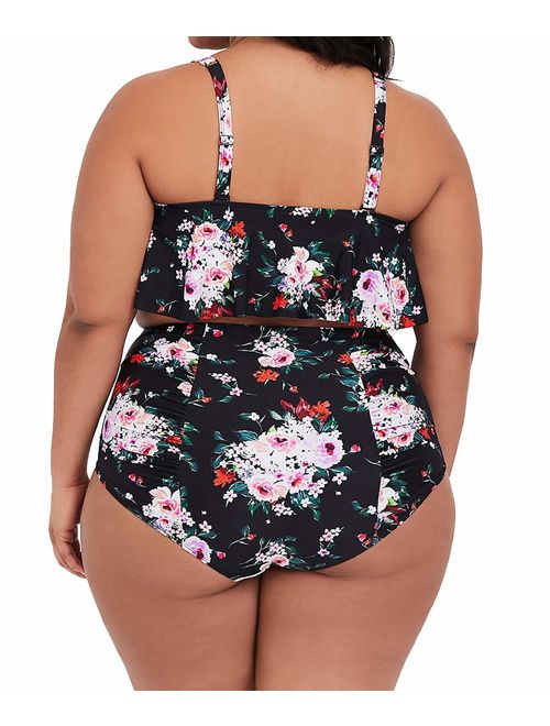 Womens Plus Size High Waisted Swimsuit Floral Bikini Ruffle Flounce Two Piece Swimwear Monokini